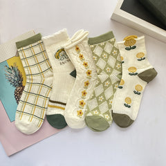 5 Pairs Floral & Striped Print Socks Women's Stockings & Hosiery