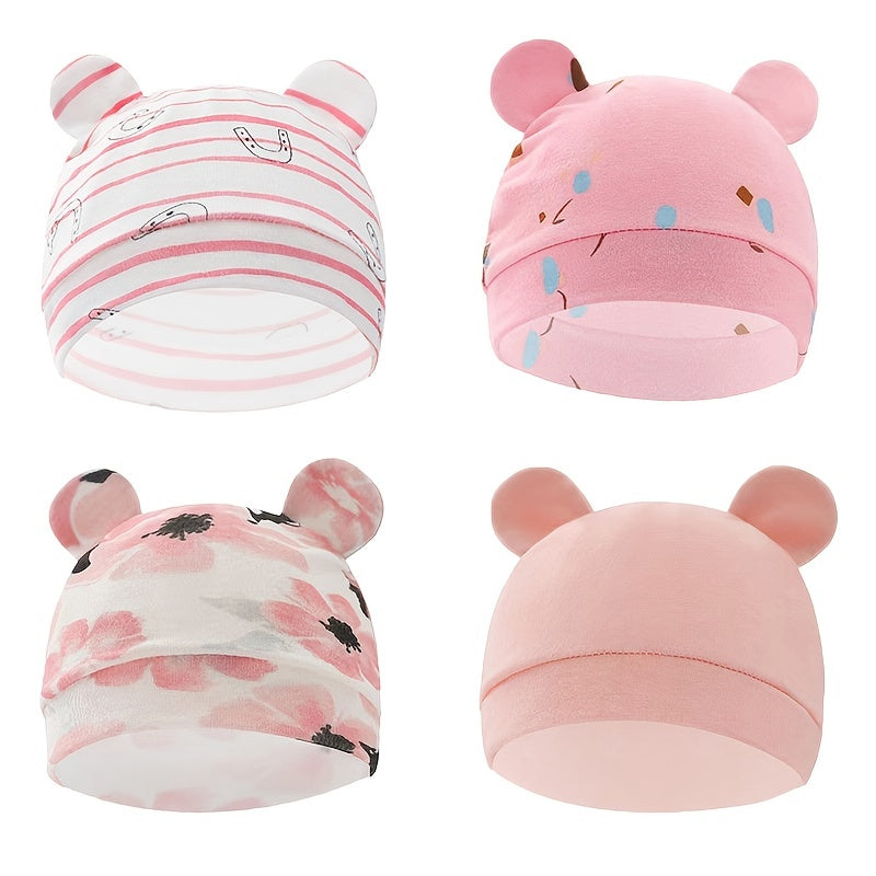 4pcs Baby Hat Cartoon Prints Soft Cotton for 0-6 Months Boy & Girl