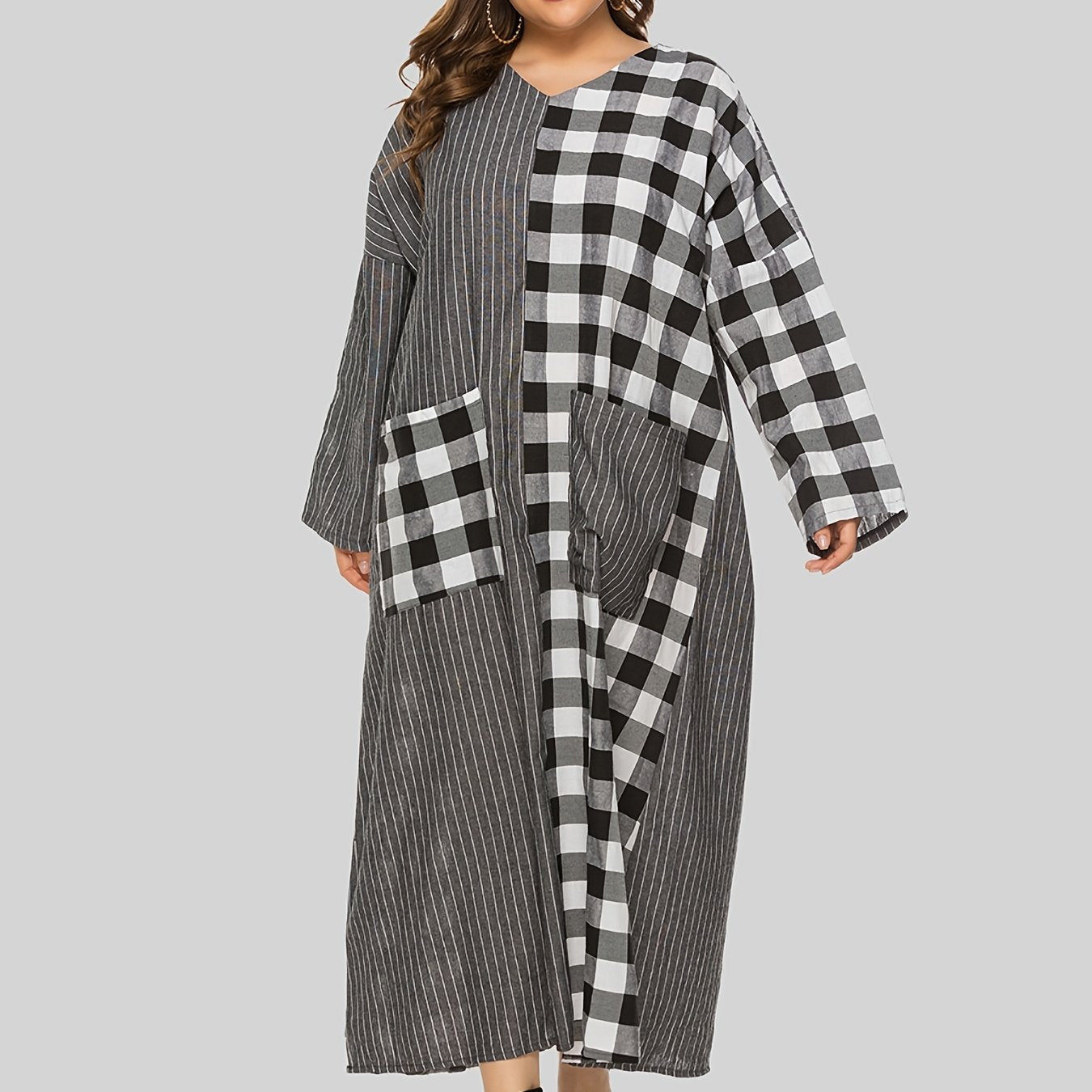 Colorblock Plaid Pattern Maxi Dress Women's Plus Casual V Neck Long Dress