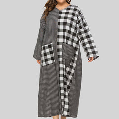 Colorblock Plaid Pattern Maxi Dress Women's Plus Casual V Neck Long Dress