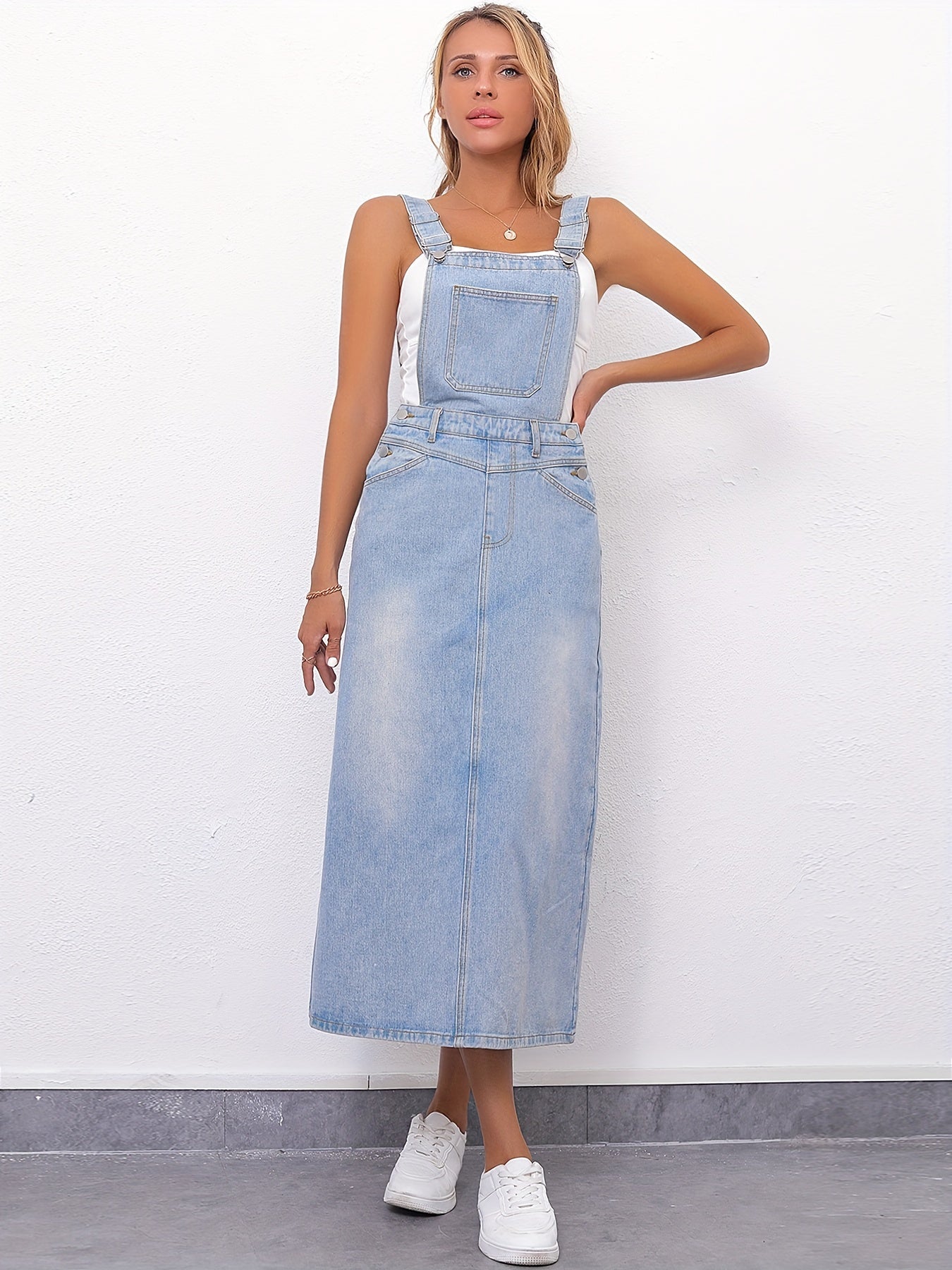 Vintage Style Denim Dress With Slash Pockets
