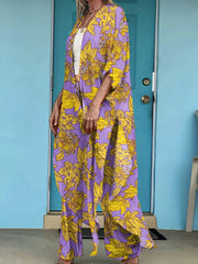 Purple Floral Pattern 2 Pc Swimsuit & Cover Up Set