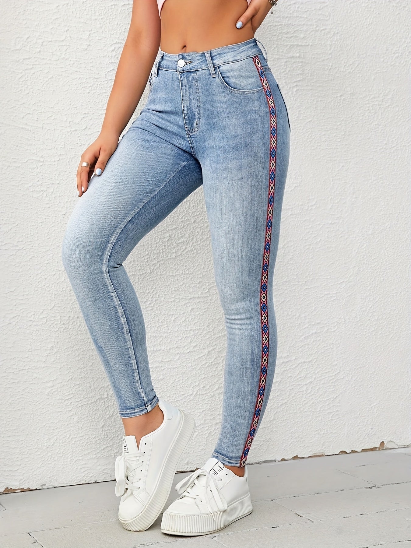 Geometric Pattern Embroidery Skinny Jeans Slash Pocket Boho Denim Pants
