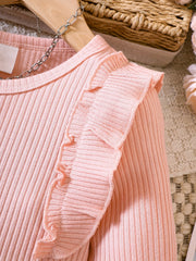 Girl's 2pcs Ribbed Top & Floral Corduroy Skirt Set for Spring Autumn