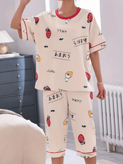 Strawberry Print Pajamas Set Short Sleeve Crew Neck Top & Crop Pants