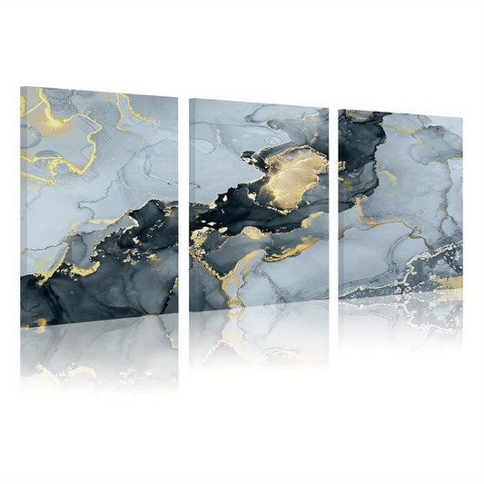3pcs Framed Modern Ink Paintings with Marble Texture and Golden Accents
