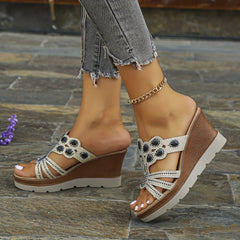 Rhinestone Wedge Sandals Cutout Platform Comfortable Summer Shoes