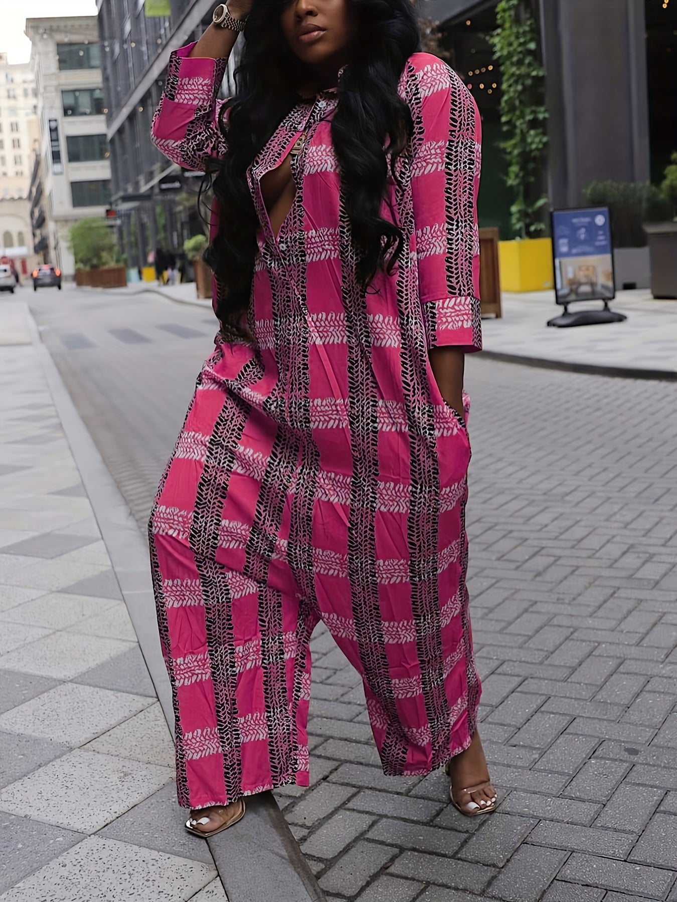 Grid Print Polo Neck Baggy Romper