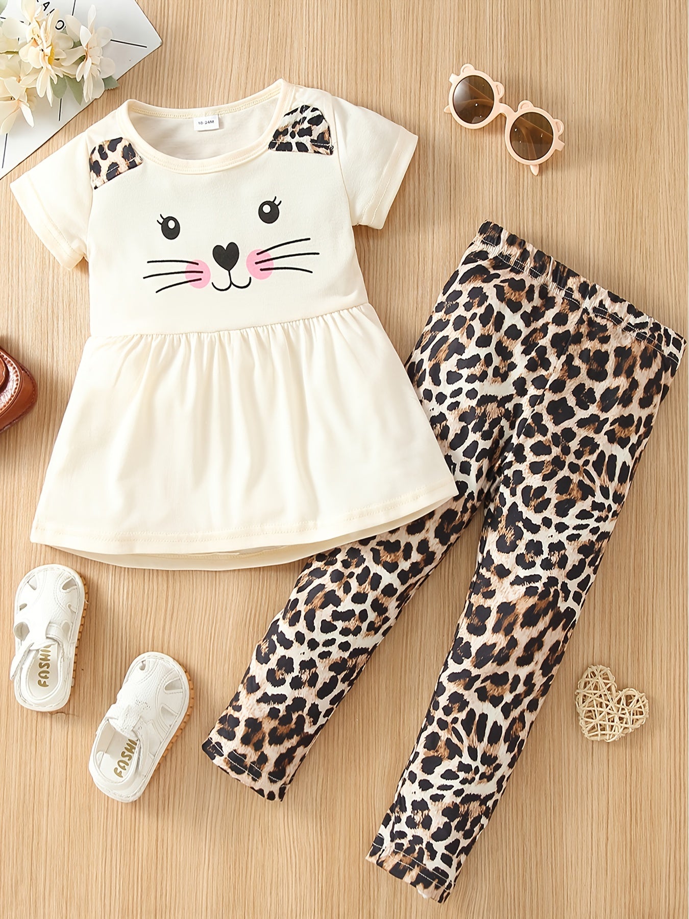 2pcs Girls Cat Cartoon Shirt & Leopard Print Pants Set