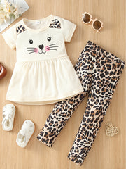 2pcs Girls Cat Cartoon Shirt & Leopard Print Pants Set