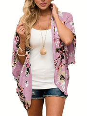 Floral Print V Neck Cover Up Puff Sleeve Kimono