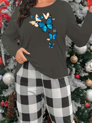 Butterfly Print Long Sleeve Crew Neck Top