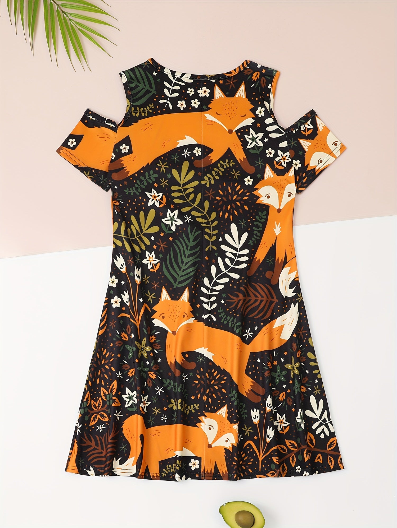 Sweet Girls Cartoon Fox Cold Shoulder Dress Summer Party Gift