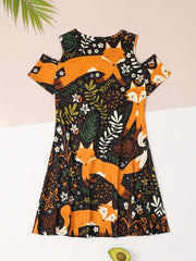 Sweet Girls Cartoon Fox Cold Shoulder Dress Summer Party Gift