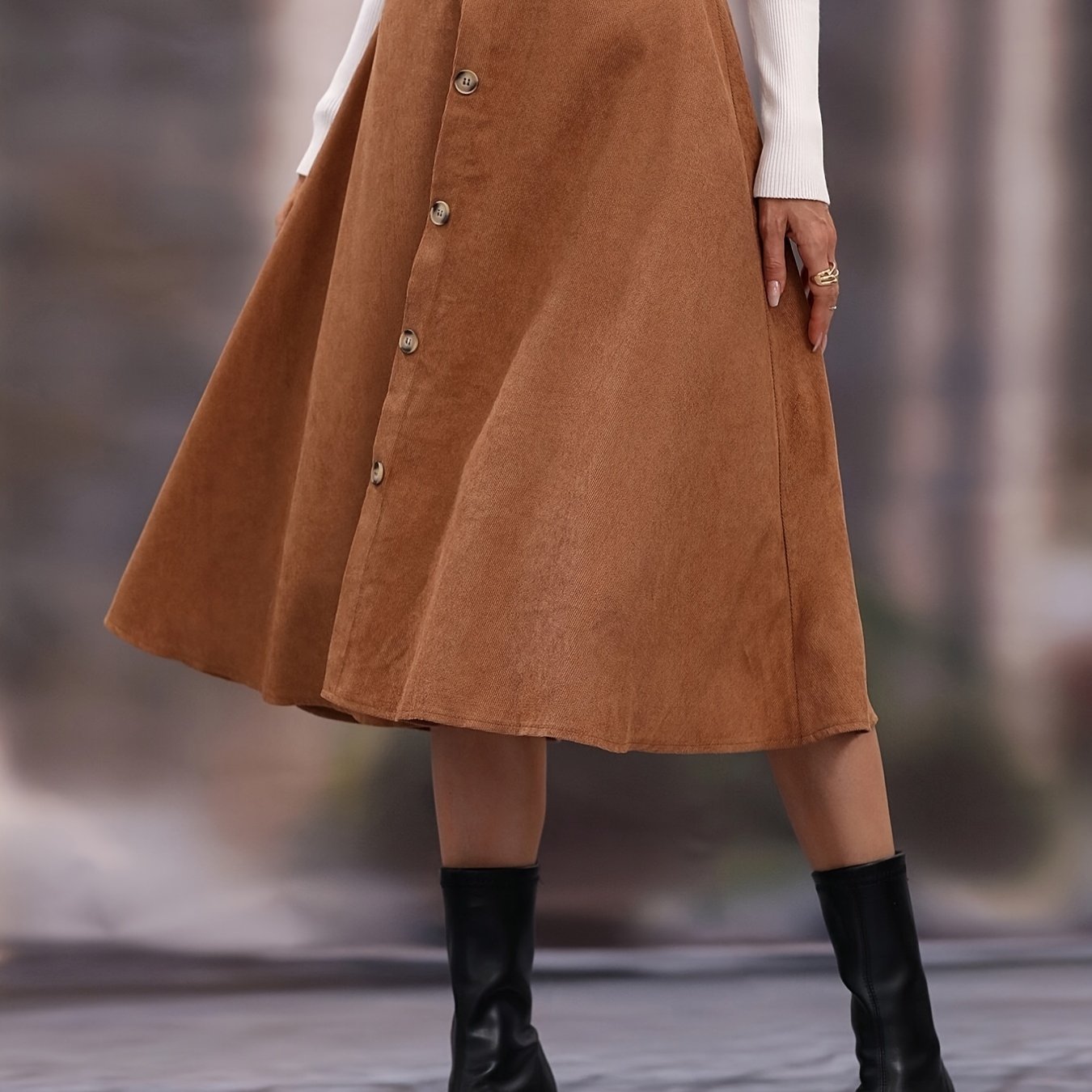 Faux Suede Long Skirt - High Waist Button Skirt