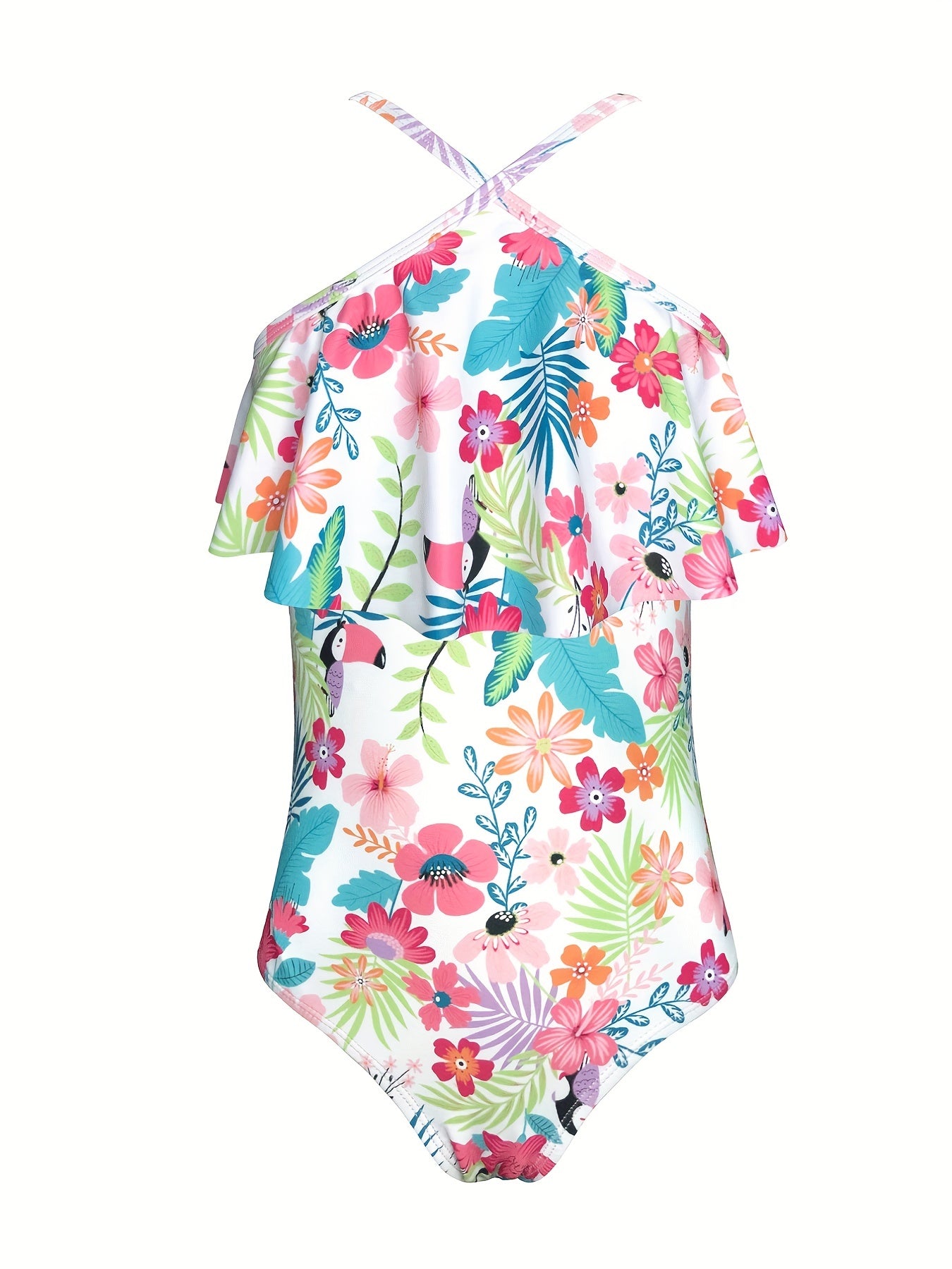 Girls' Floral Ruffled Trim Suspenders Swimsuit