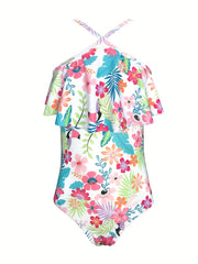 Girls' Floral Ruffled Trim Suspenders Swimsuit