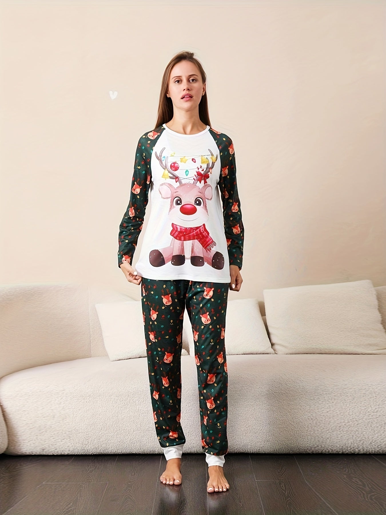 Christmas Elk Print Pajama Set Long Sleeve Top & Pants Women's Sleepwear