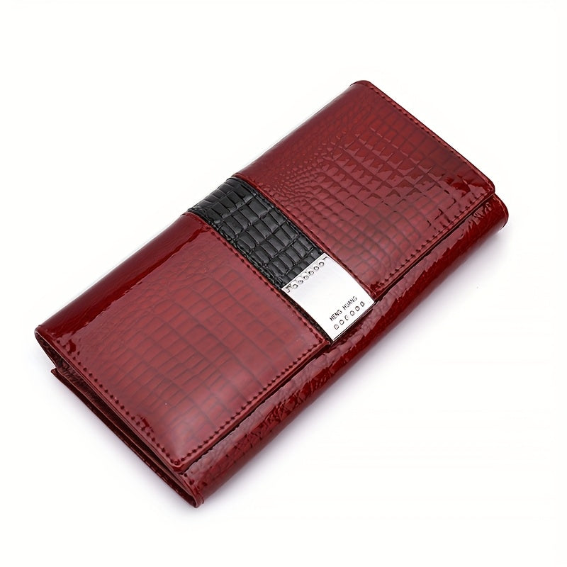 Red Leather Long Wallet for Women Crocodile Texture Bifold