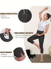 Sport Fitness Yoga Leggings With Pockets Solid Split 7 Point Pants