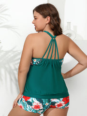 Colorblock Tankini Set Tropical Print Criss Cross Back