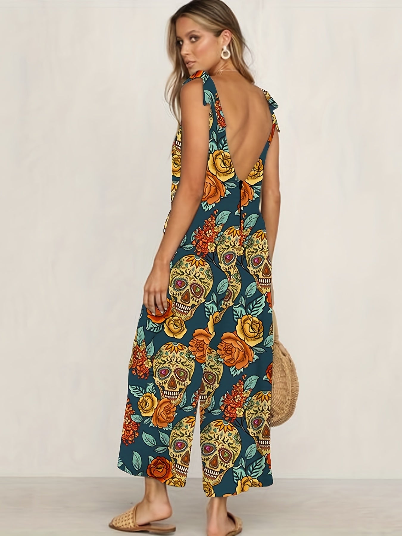 Floral & Skull Print Tied Cami Jumpsuit Casual Sleeveless Backless Jumpsuit