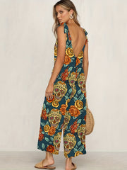 Floral & Skull Print Tied Cami Jumpsuit Casual Sleeveless Backless Jumpsuit