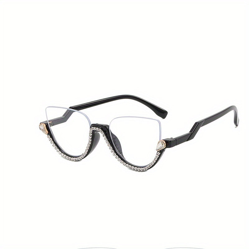 Semi Rimless Clear Lens Rhinestone Cat Eye Glasses