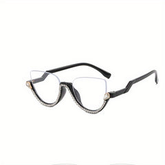 Semi Rimless Clear Lens Rhinestone Cat Eye Glasses