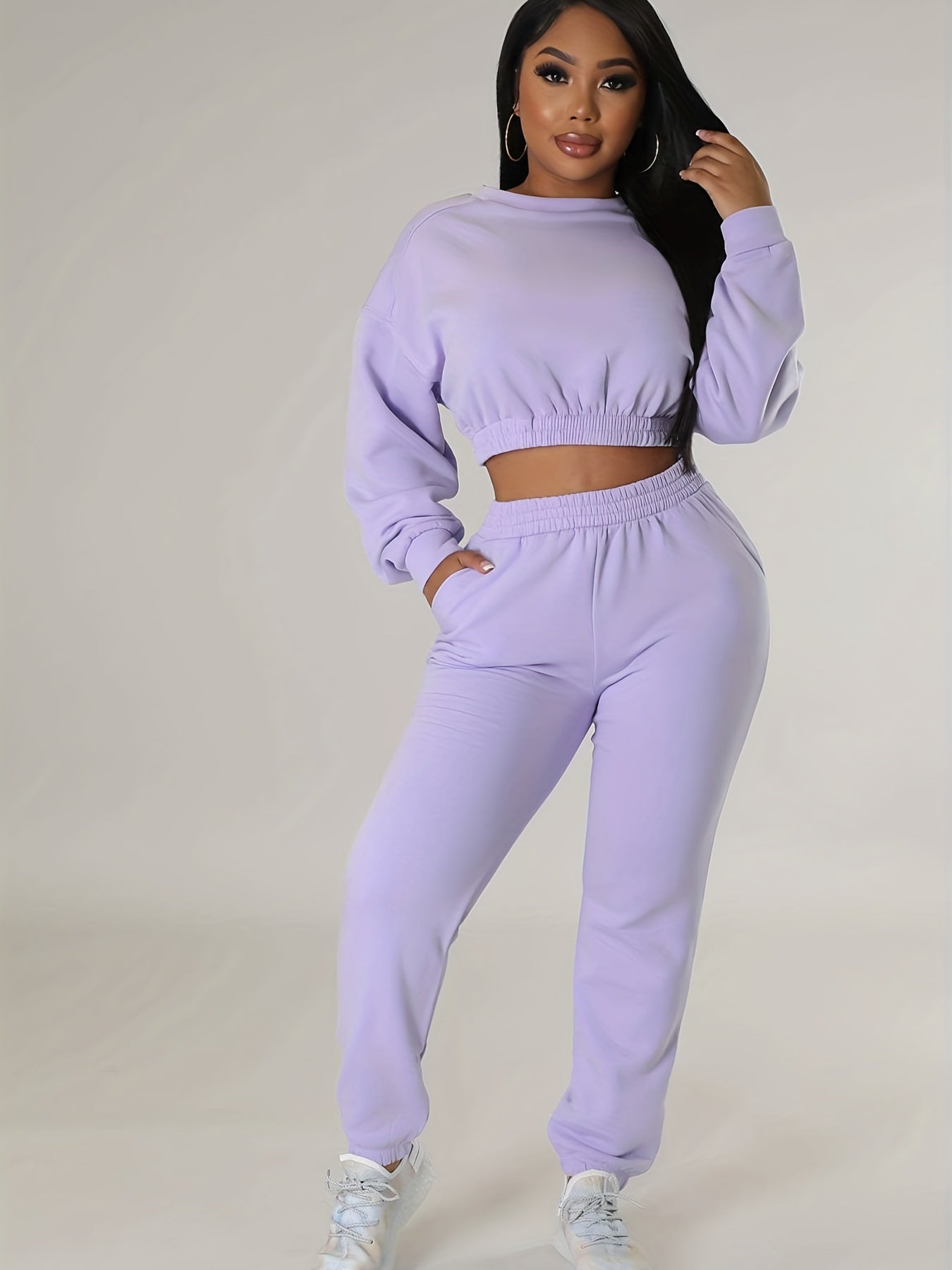 Casual Two Piece Set Crew Neck Long Sleeve Tops & Jogger Pants Outfit