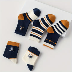 5 Pairs Boy's Cartoon Striped Crew Socks Comfy Casual Style Unisex