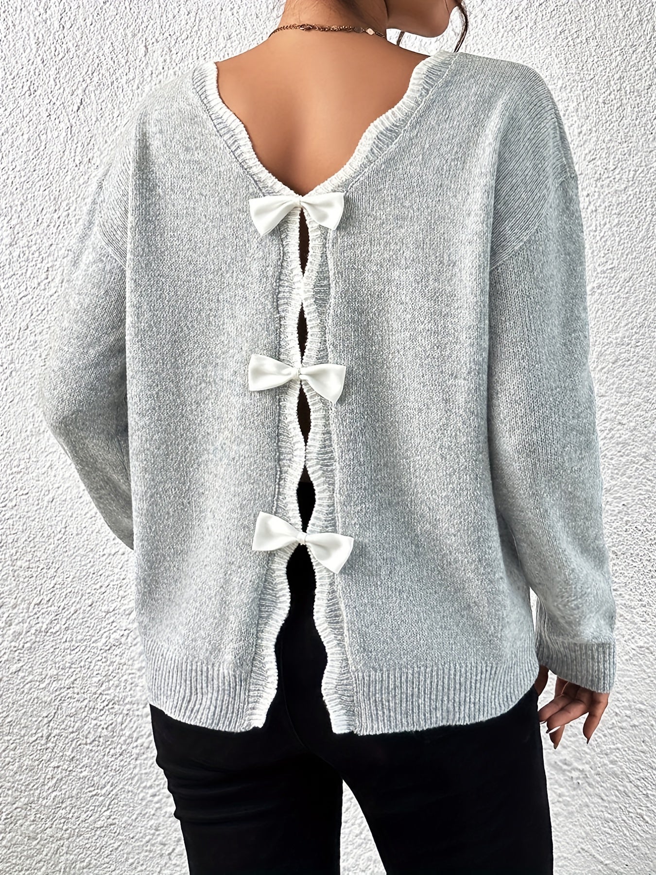 Scallop Trim Bow Back Pullover Sweater
