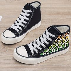 Leopard Heart Print Plush Lined Canvas Sneakers