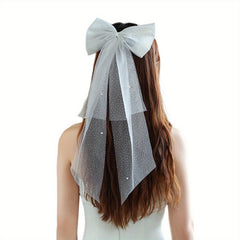 Bridal Hair Bow with Mesh Veil for Wedding Prom Party