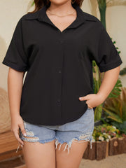 Women's Plus Solid Button Up Short Sleeve Polo Neck Stretch Blouse