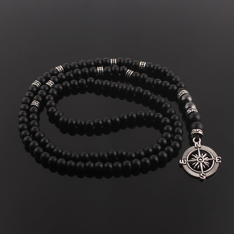 Vintage Natural Stone Beaded Necklace with Compass Pendant for Men