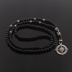 Vintage Natural Stone Beaded Necklace with Compass Pendant for Men