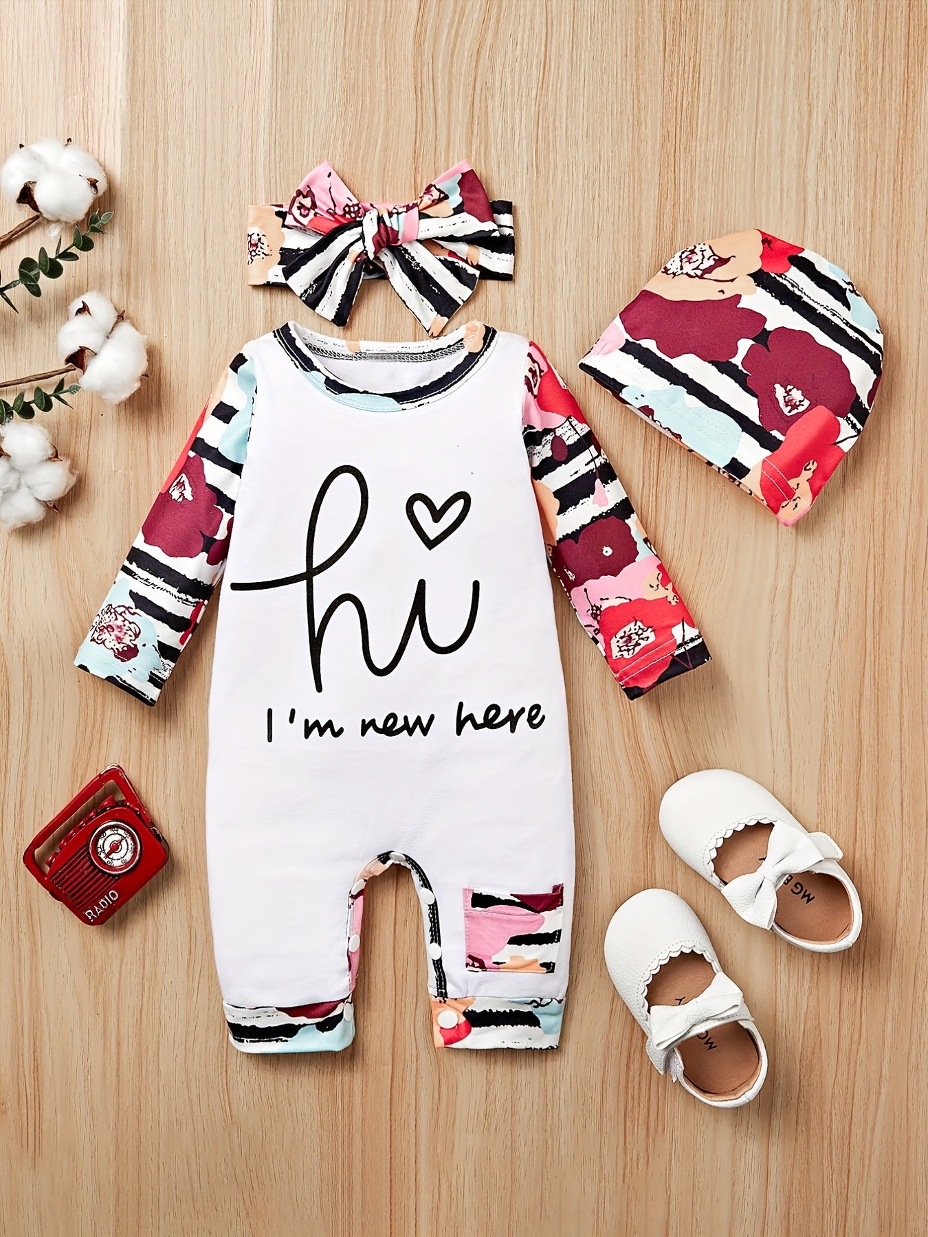 3pcs Baby Girls I m Here Romper & Headband & Cap
