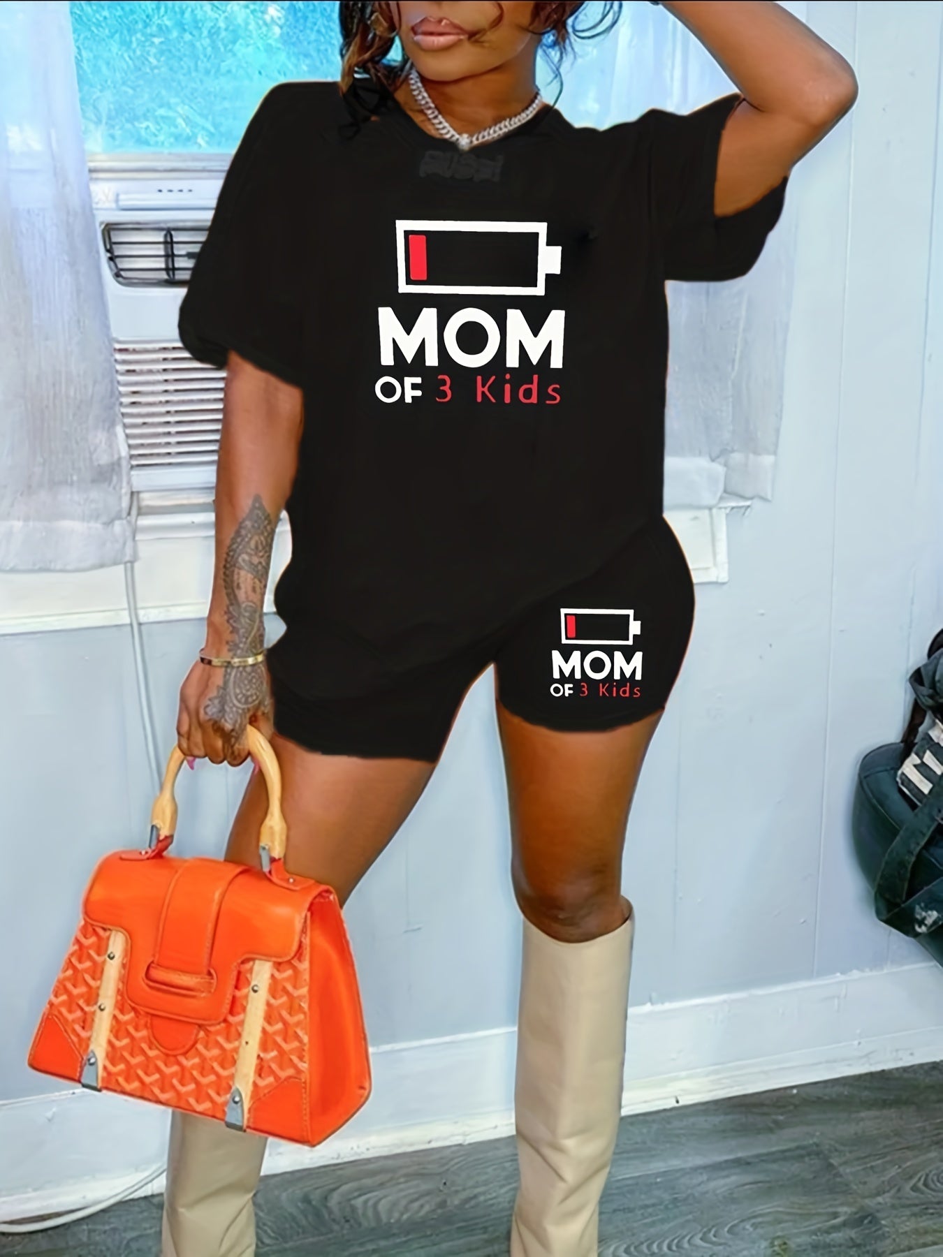Mom Of 3 Kids Two Piece Set - Short Sleeve Crew Neck T Shirt & Shorts