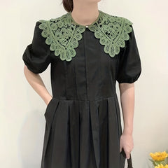 Lace Hollow Out False Collar Ruffles Faux Pearl Button Dickey Collar for Women