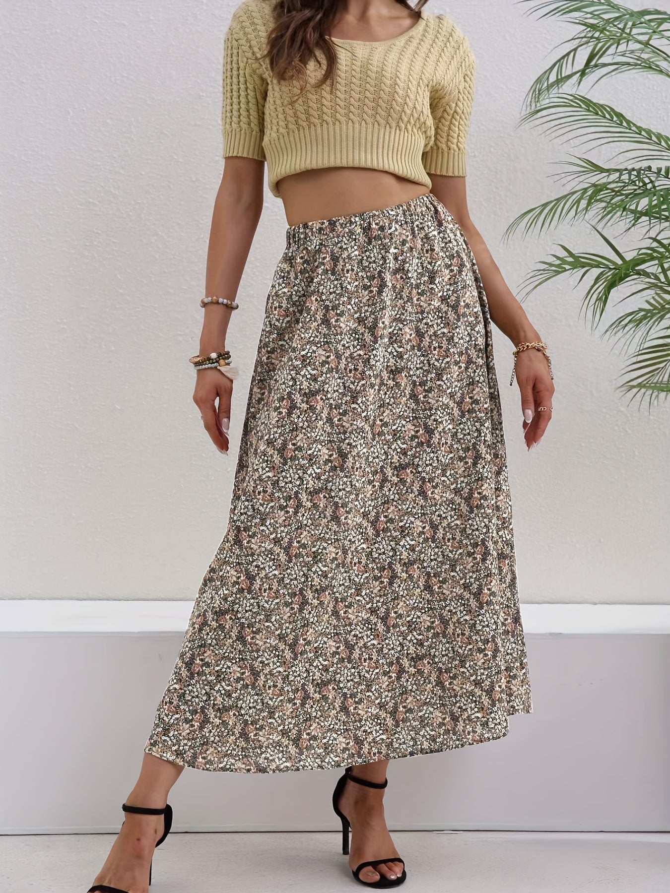 Floral Print High Waist Skirt Boho Loose Skirt For Spring & Summer