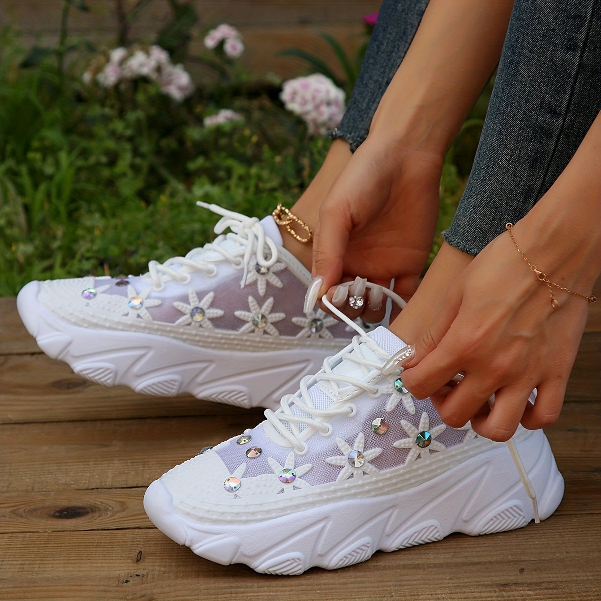 Women's Rhinestone Lace Running Shoes Mesh Sneakers with Shock Absorption