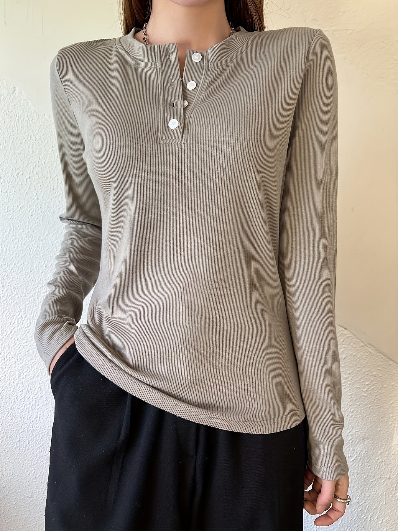 Solid Button Front T Shirt Women's Casual Long Sleeve Tee for Spring & Fall
