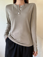 Solid Button Front T Shirt Women's Casual Long Sleeve Tee for Spring & Fall