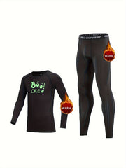 2pcs Kids Fleece Compression Sets Crew Print Pullover Matching Pants