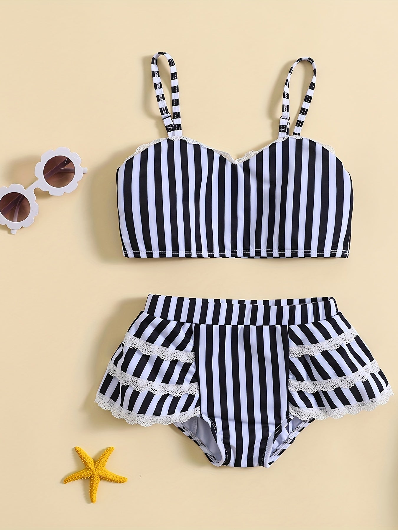 Girls Striped Cami Top & Mid Stretch Shorts Bikini Tankini Swimsuit Set