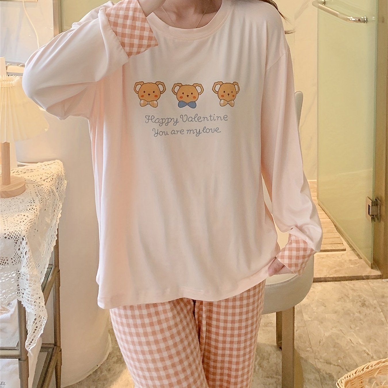 Bear & Plaid Pajama Set Long Sleeve Top & Pants