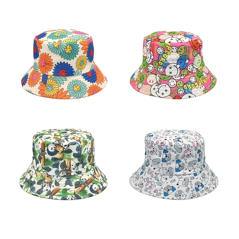 Colorful Print Bucket Hat Panda Dog Flower Cartoon Cloche Hat
