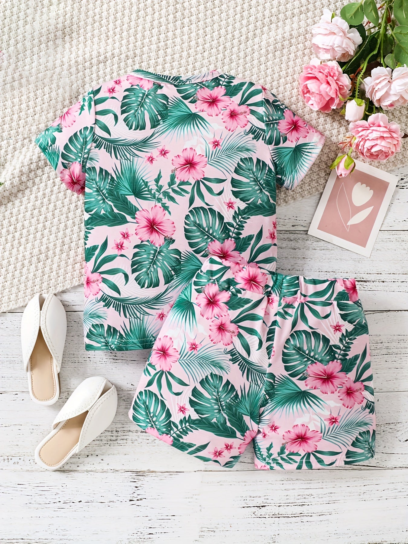 Girls Tropical Flowers Tee & Shorts Set, Summer Beach Outfit
