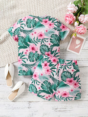 Girls Tropical Flowers Tee & Shorts Set, Summer Beach Outfit